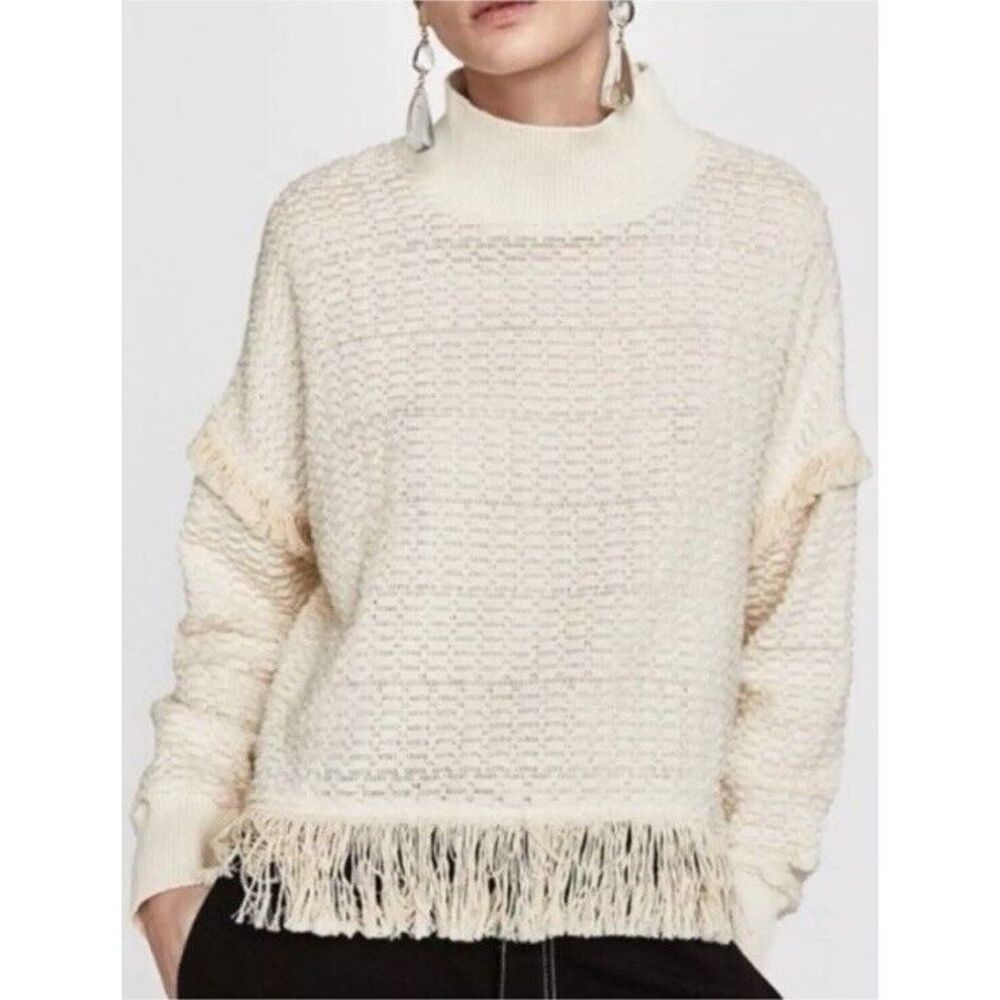 Zara Womens Large Oversized Pullover Fringe Hem Mock Neck Cream Textured Boho
